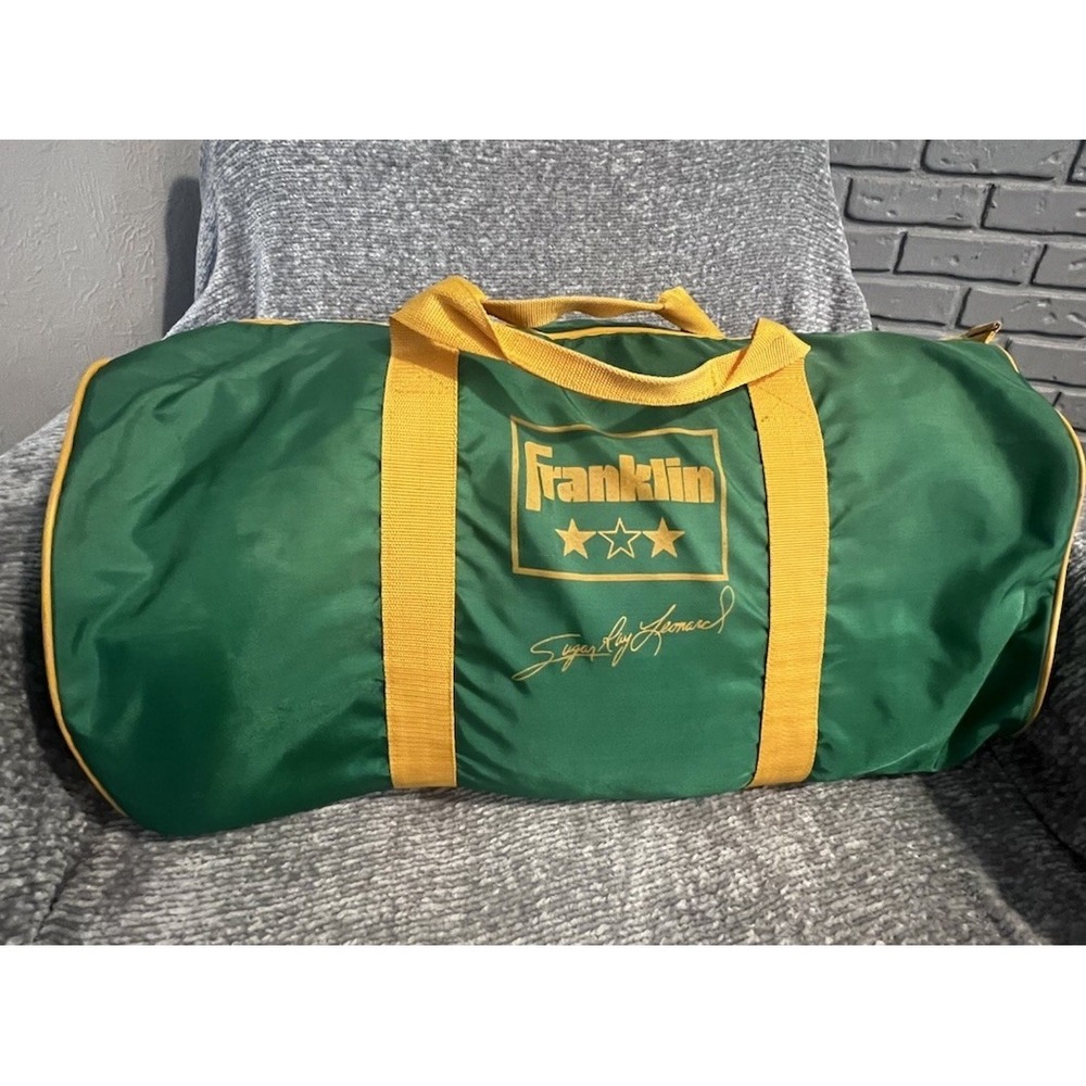 Vintage 1980s Franklin Sugar Ray Leonard Gym Duffle‎ Bag Green Yellow 22"